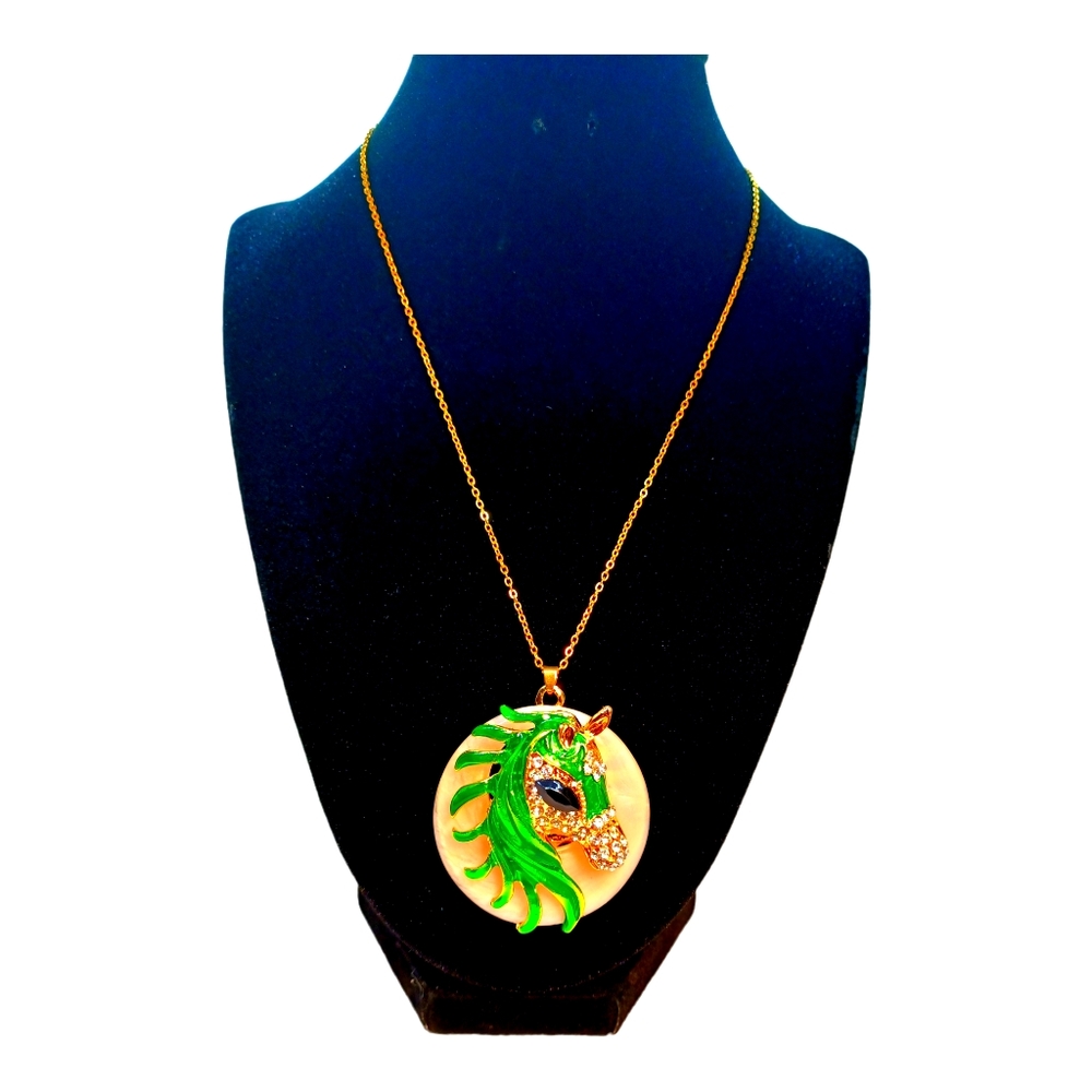 Green golden rhinestone unicorn pendant necklace